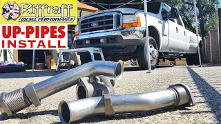 2001 F350 73  RiffRaff UpPipes Install  Stock up pipes leaking and falling apart JUNK SP [upl. by Idham]